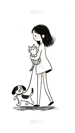 卡通女孩与宠物互动插图