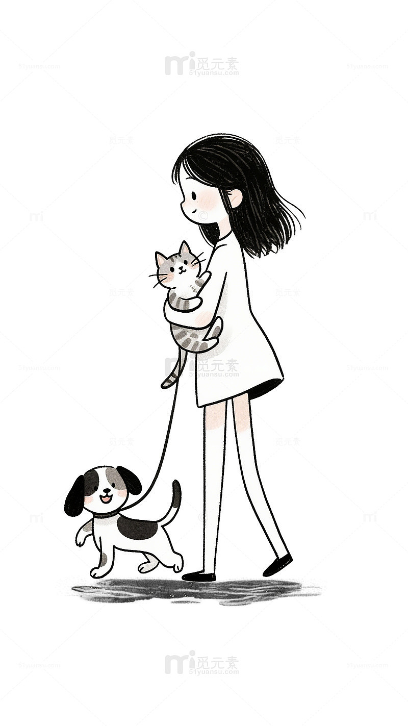 卡通女孩与宠物互动插图