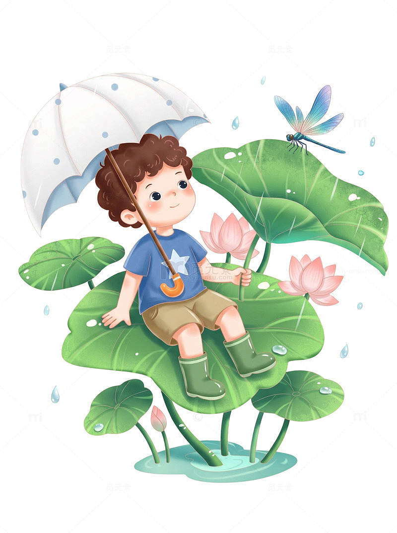 童趣卡通夏日荷塘插画场景小男孩免扣素材