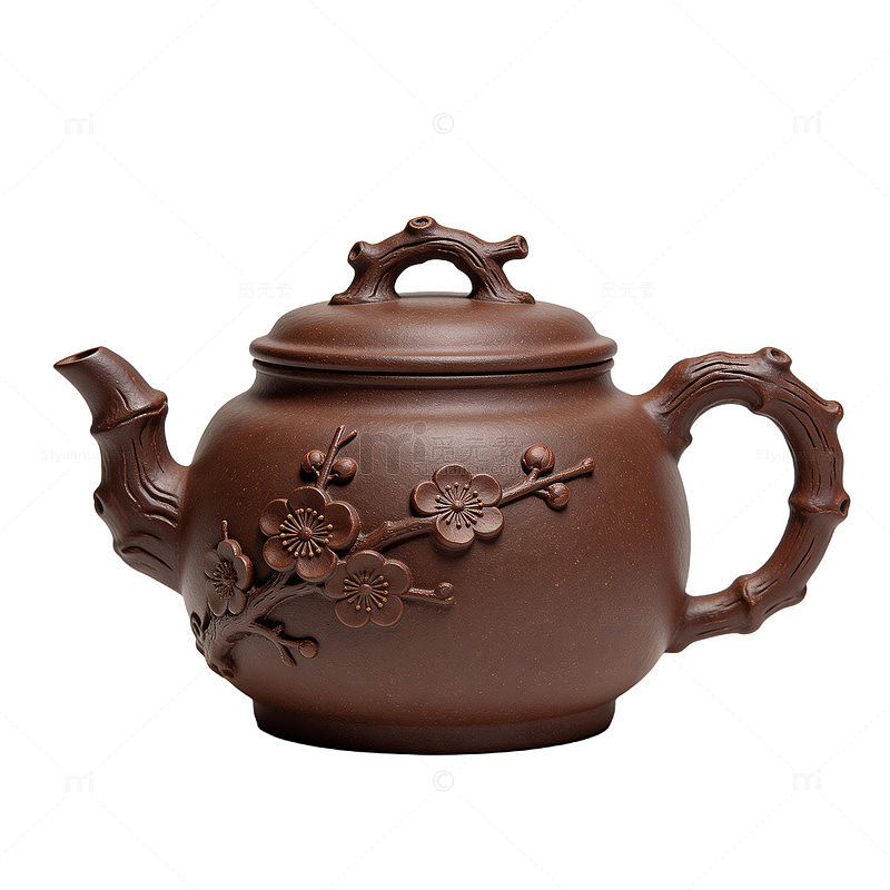 深棕紫砂梅花浮雕茶壶元素