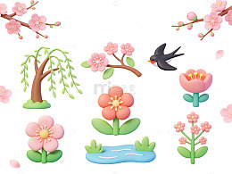 春日花鸟贴纸插画设计素材