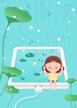 小女孩荷叶听音乐梦幻音符教育插画背景