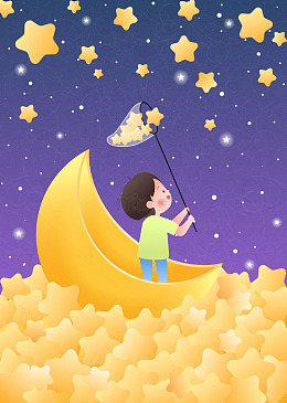 男孩夜空月亮船捕星星童趣快乐童年插画背景