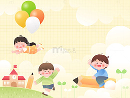 儿童节骑铅笔气球飞行去学校教育插画背景