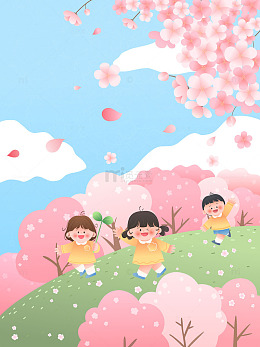 儿童节好朋友樱花树林玩耍快乐童年插画背景