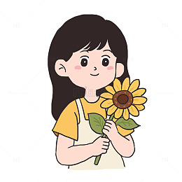 手绘卡通女孩和向日葵花朵免抠元素