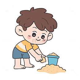 手绘卡通男孩沙滩玩泥沙元素