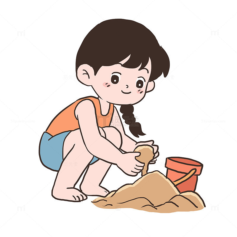 手绘卡通女孩夏季玩泥沙免抠元素