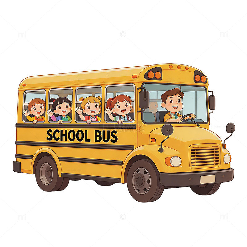 手绘风格校车学生招手元素