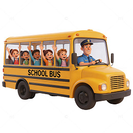 卡通校车侧方学生挥手问好元素