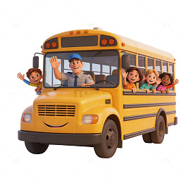 卡通校车司机与学生挥手互动元素