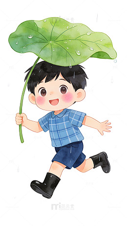 谷雨节气童趣荷叶雨中小孩插画