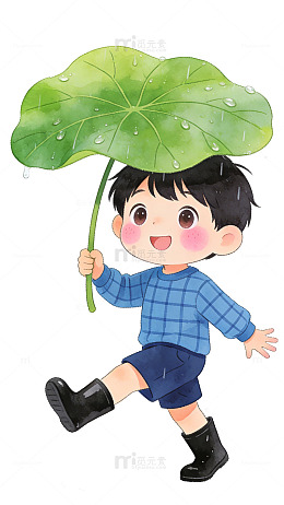 谷雨卡通男孩荷叶伞雨滴插画
