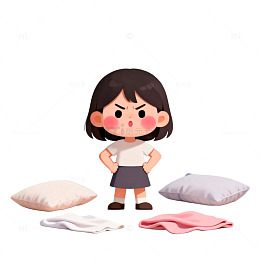 卡通小女孩整理床铺场景