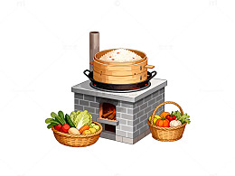 卡通蒸笼做饭场景插画