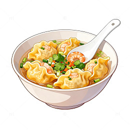 卡通风格虾仁云吞汤面