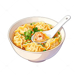 卡通风虾仁云吞汤插画