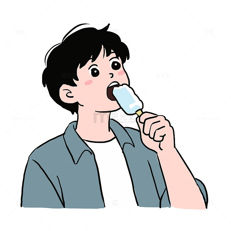 手绘卡通夏天男生吃冰棍免抠元素