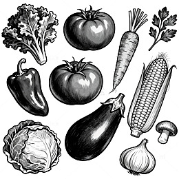 黑白插画蔬菜食材设计元素