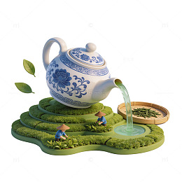 微缩场景青花瓷壶茶园元素