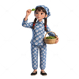 蓝花头巾采茶女持叶观察元素