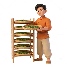 橙衣男子整理晾晒茶叶元素