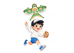 卡通男孩放风筝插画