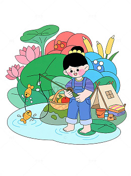 童趣田园生活钓鱼卡通插画场景素材