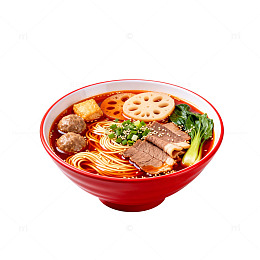 红色碗装牛肉面美食