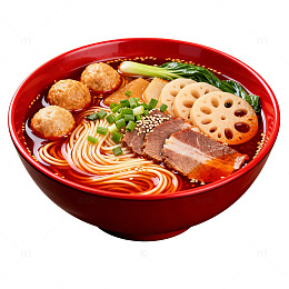红色碗装美味汤面美食