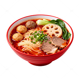 红色碗装牛肉面美食