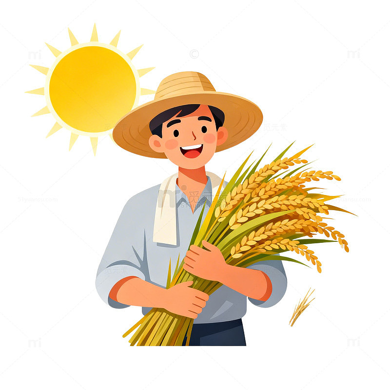 卡通农民收稻谷插画