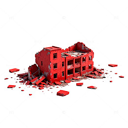 红色破损建筑灾难场景
