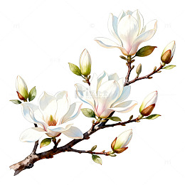 玉兰花枝插画透明背景