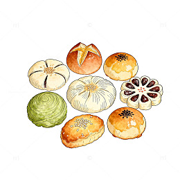 水彩风格中式糕点插画素材
