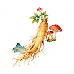 水彩人参红菇山水画设计素材