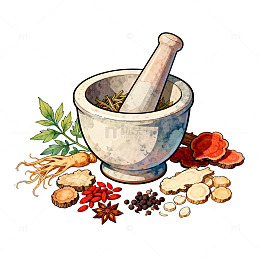 水彩药材捣臼草药插画