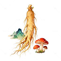 水彩风格人参与蘑菇插画