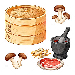 水彩画蒸笼蘑菇食材插画