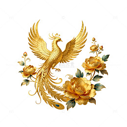 金色凤凰牡丹图案装饰素材