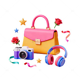 时尚手提包耳机相机组合插画