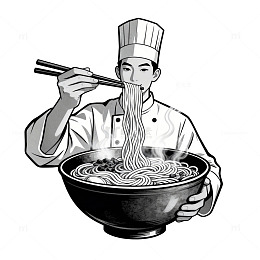 黑白线条厨师拉面插图