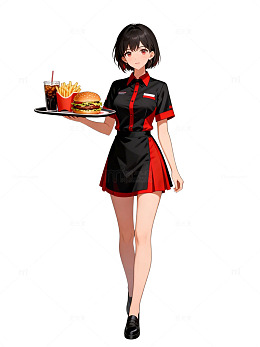 动漫女服务员快餐托盘插画素材