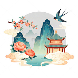 中国风山水楼阁花鸟插画