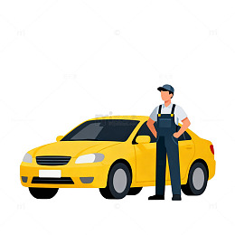 卡通风汽车修理工与轿车矢量插画