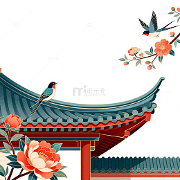 古典建筑花鸟插画