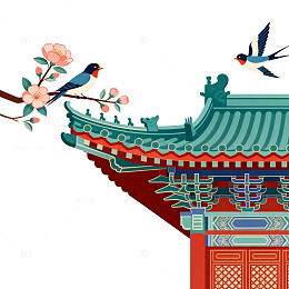 中式建筑燕子桃花插画