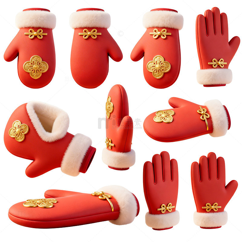 红色新年手套保暖防寒3D素材
