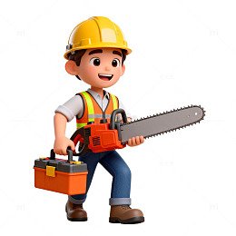 卡通工人用电锯工具插画