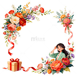 鲜花装饰卡通人物礼盒设计素材